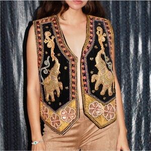 Embroidered Elephant Vest - Black and Gold